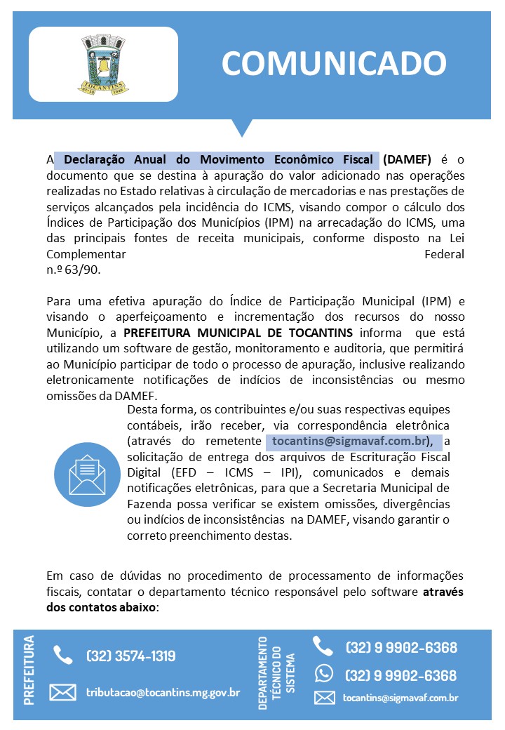 COMUNICADO - Declaração Anual do Movimento Econômico Fiscal (DAMEF)